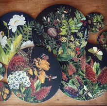Load image into Gallery viewer, NZ Flowers and Insects Coasters and Placemats on Black
