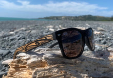 Load image into Gallery viewer, Sunglasses with kowhaiwhai patterned arms by Miriama Grace-Smith.
