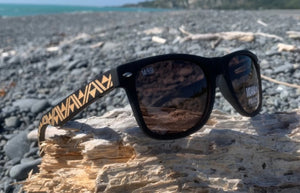 Sunglasses with kowhaiwhai patterned arms by Miriama Grace-Smith.