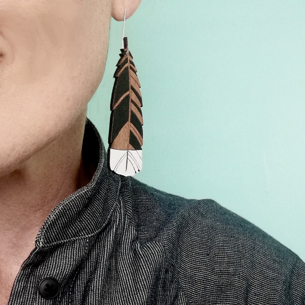 Wooden Huia Feather Earrings by Natty
